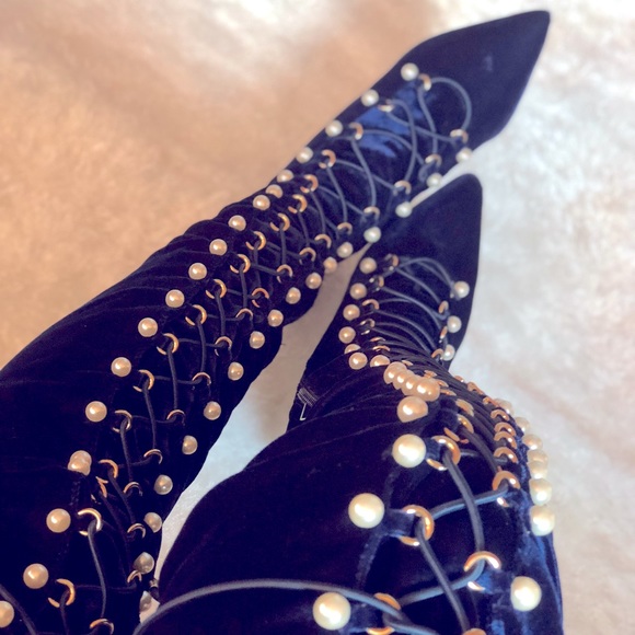 So Me Shoes - Thea - Thigh High Pearl Corset Boot Navy Blue